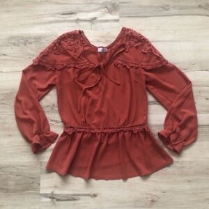 Rusty Brownish Ruffled Peplum Blouse with Bishop Sleeves
